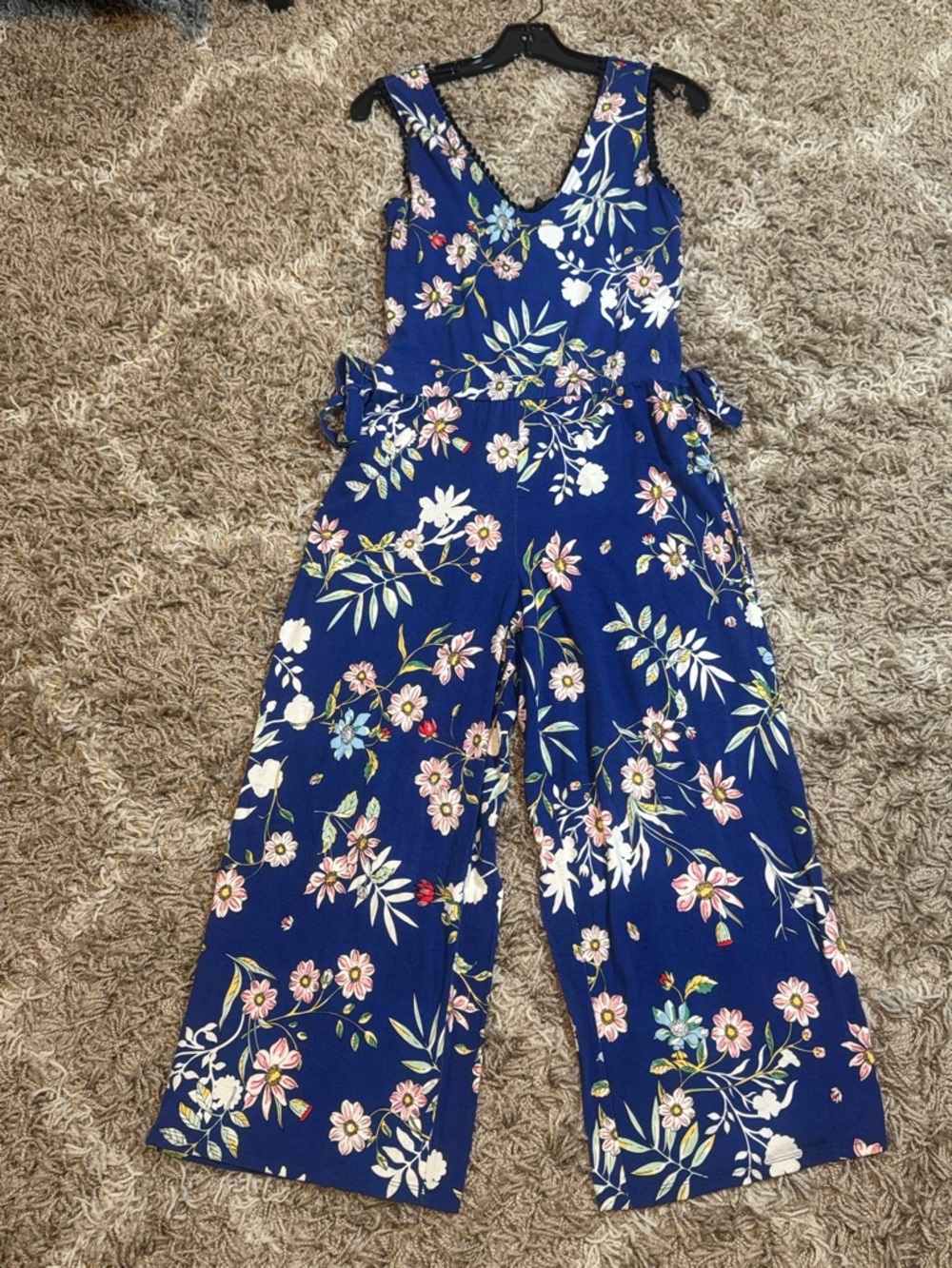 NWT Renuar Prussian Blue Floral Wide Leg Cropped Jumpsuit size XS